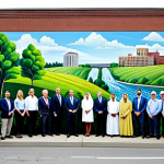 A diverse group of adults, fully clothed in modest, professional attire, actively collaborating on a large-scale environmental mural painted on an urban brick wall. The vibrant mural illustrates a flourishing green landscape with clean flowing water and a clear blue sky, symbolizing ecological harmony and sustainability. The scene is set on a well-maintained city street with modern architecture in the background. Safe for work, appropriate content, fully clothed, family-friendly, perfect anatomy, correct proportions, natural pose, well-formed hands, proper finger count, natural body proportions, professional photography, high quality, professional dress.