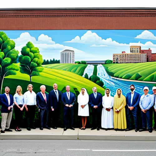 Home 4 A diverse group of adults, fully clothed in modest, professional attire, actively collaborating on a large-scale environmental mural painted on an urban brick wall. The vibrant mural illustrates a flourishing green landscape with clean flowing water and a clear blue sky, symbolizing ecological harmony and sustainability. The scene is set on a well-maintained city street with modern architecture in the background. Safe for work, appropriate content, fully clothed, family-friendly, perfect anatomy, correct proportions, natural pose, well-formed hands, proper finger count, natural body proportions, professional photography, high quality, professional dress.