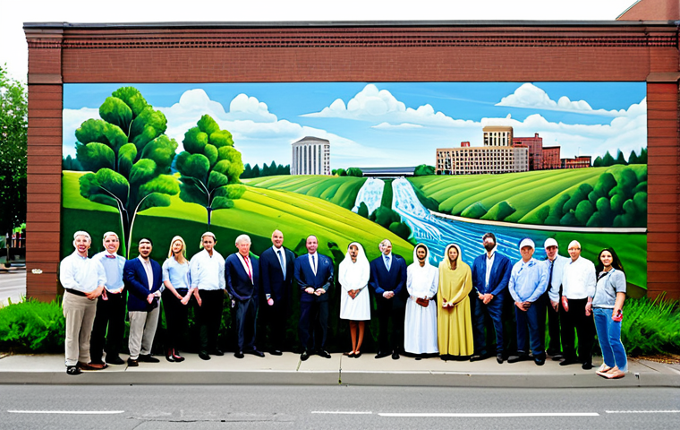 A diverse group of adults, fully clothed in modest, professional attire, actively collaborating on a large-scale environmental mural painted on an urban brick wall. The vibrant mural illustrates a flourishing green landscape with clean flowing water and a clear blue sky, symbolizing ecological harmony and sustainability. The scene is set on a well-maintained city street with modern architecture in the background. Safe for work, appropriate content, fully clothed, family-friendly, perfect anatomy, correct proportions, natural pose, well-formed hands, proper finger count, natural body proportions, professional photography, high quality, professional dress.