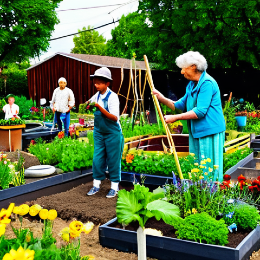 **
"A vibrant community garden scene, featuring diverse individuals of all ages working together. The garden is full of colorful, local plants and flowers. In the background, there are sculptures made from recycled materials. Everyone is fully clothed in modest, everyday attire, engaging in gardening activities. Safe for work, appropriate content, family-friendly, professional photography, perfect anatomy, natural proportions, well-formed hands, proper finger count, bright and cheerful lighting, sustainable art concept."
**
