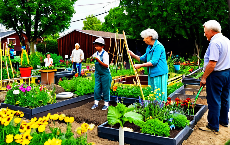 **

"A vibrant community garden scene, featuring diverse individuals of all ages working together. The garden is full of colorful, local plants and flowers. In the background, there are sculptures made from recycled materials. Everyone is fully clothed in modest, everyday attire, engaging in gardening activities. Safe for work, appropriate content, family-friendly, professional photography, perfect anatomy, natural proportions, well-formed hands, proper finger count, bright and cheerful lighting, sustainable art concept."

**