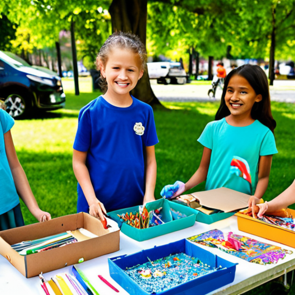 Children Creating Art from Recycled Materials**
"A group of elementary school children, fully clothed in modest attire, are enthusiastically working on an art project outdoors. They are using recycled materials like plastic bottles, cardboard boxes, and colorful paper scraps to create sculptures of animals and plants. The background shows a bright, sunny park with trees and flowers. Safe for work, appropriate content, family-friendly, perfect anatomy, well-formed hands, natural proportions, professional photography, high quality."
**
