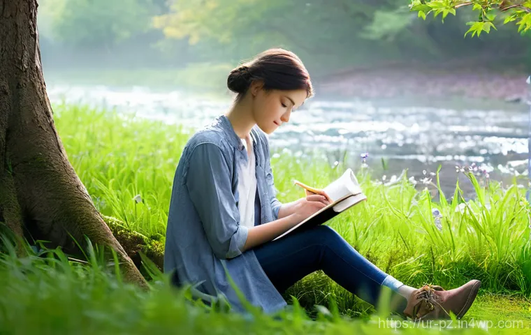 자연을 느끼는 드로잉 클래스 - **Prompt: Serene Artist in Nature's Embrace**
    "A candid, ethereal photograph of a young artist (...