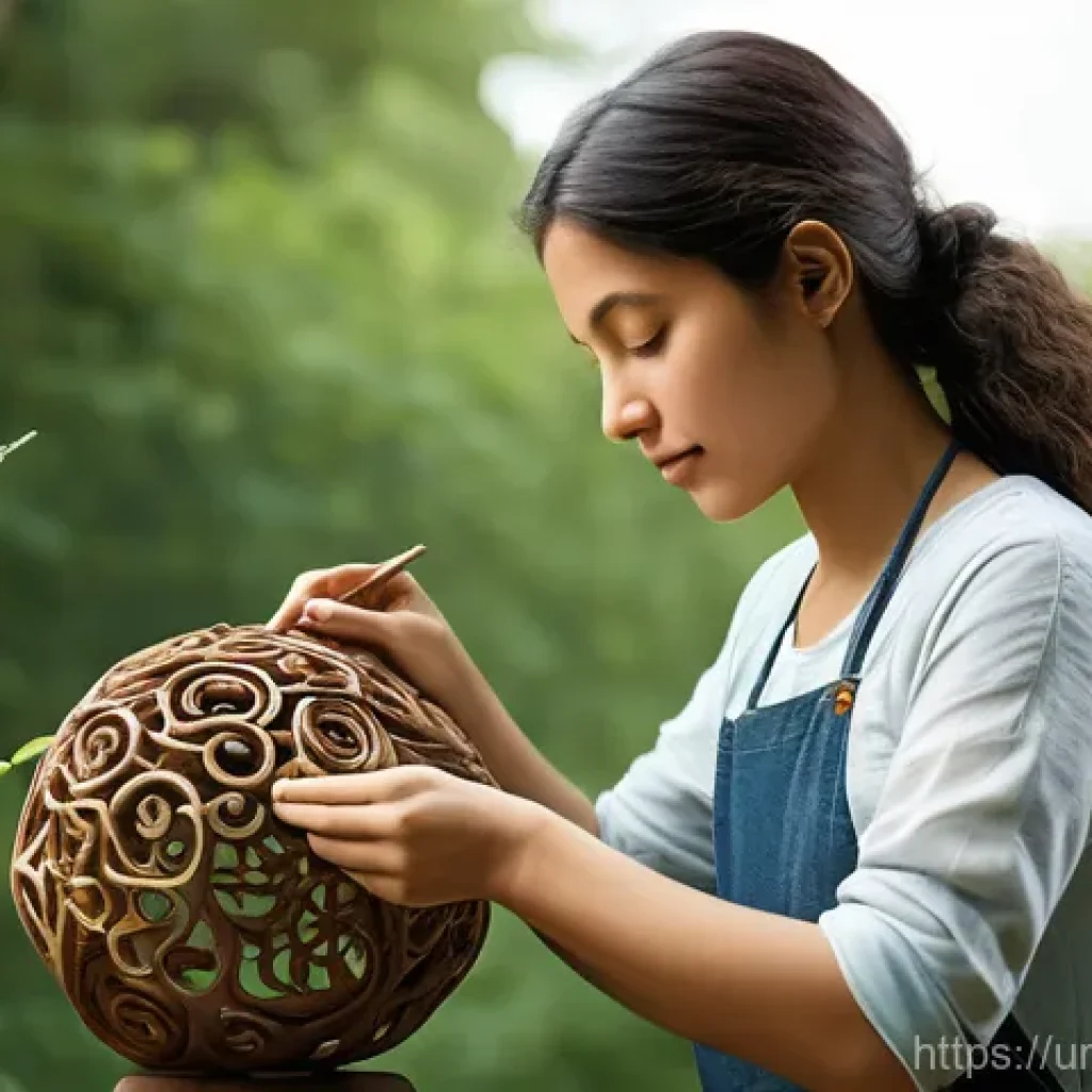 생태 미술의 윤리적 고려사항 - A serene outdoor scene depicting an artist, a young woman in modest, comfortable clothing, gently cr...