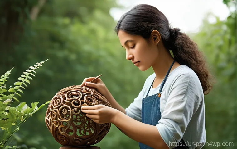 생태 미술의 윤리적 고려사항 - A serene outdoor scene depicting an artist, a young woman in modest, comfortable clothing, gently cr...