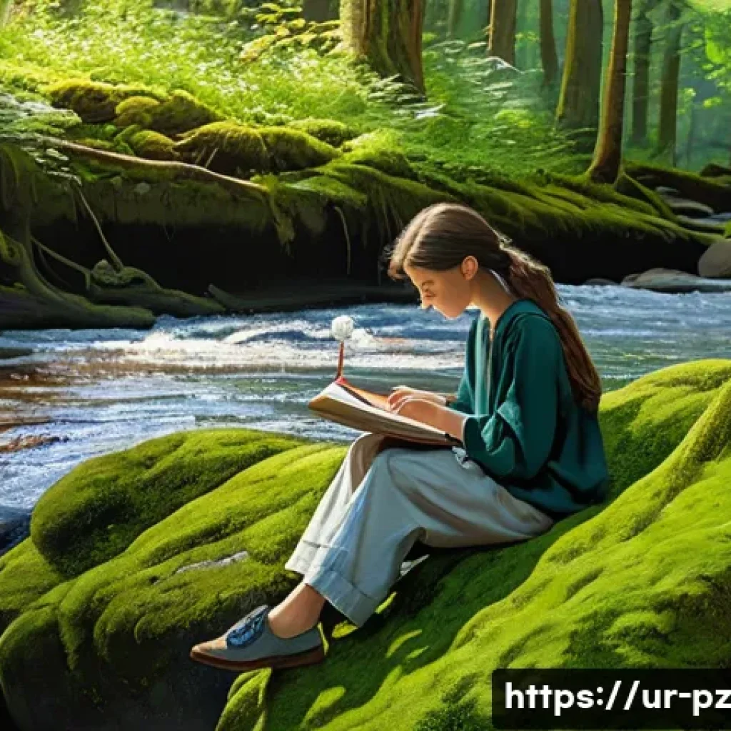 자연과 함께하는 예술적 경험 만들기 - **Prompt:** A young artist, wearing modest, comfortable outdoor clothing such as a light long-sleeve...