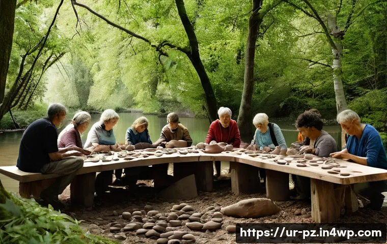 자연 감각을 자극하는 미술 프로젝트 - **"Earth's Embrace: A Tactile Clay Workshop by the River"**
    A group of adults, dressed in casual...