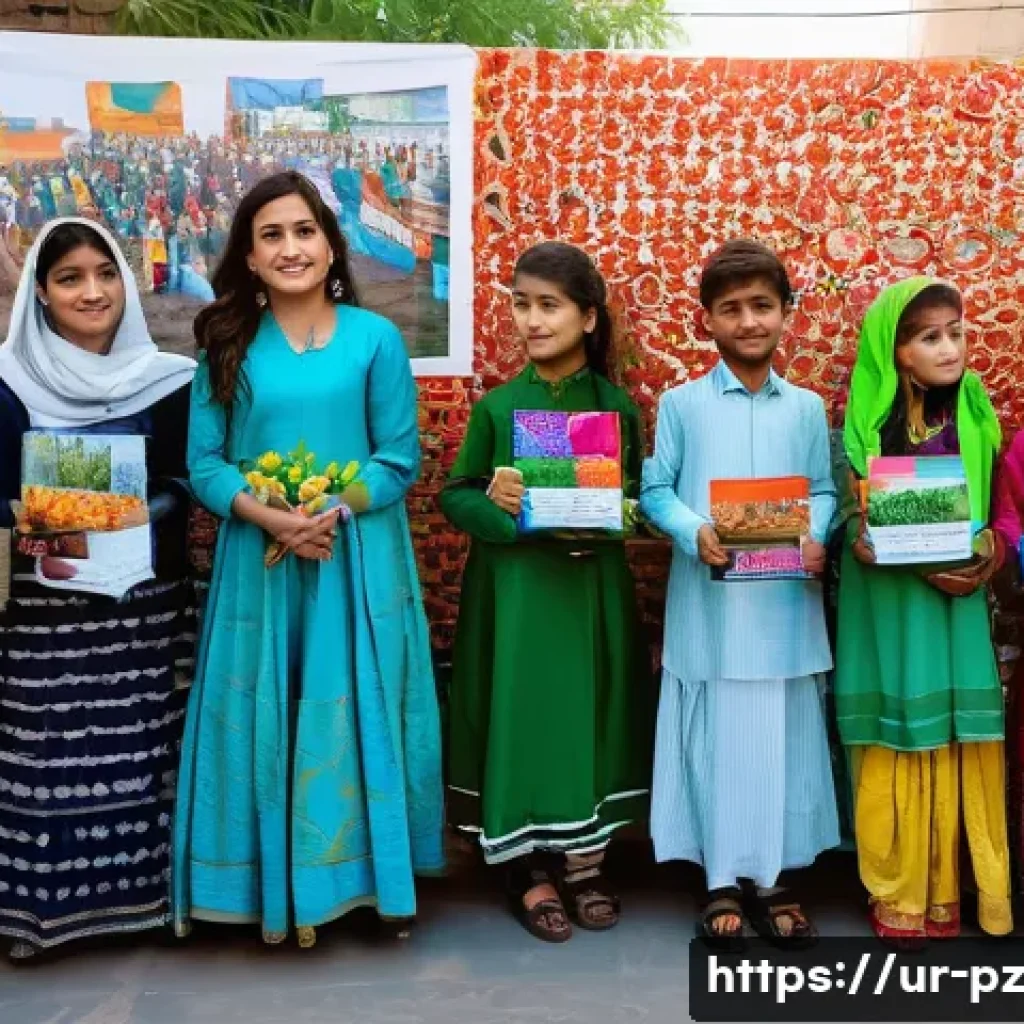 미술과 환경 운동의 관계 탐구 - A vibrant environmental art exhibition set in Karachi, featuring large installations made from recyc...