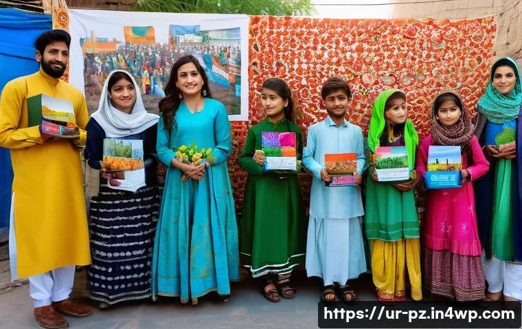 미술과 환경 운동의 관계 탐구 - A vibrant environmental art exhibition set in Karachi, featuring large installations made from recyc...