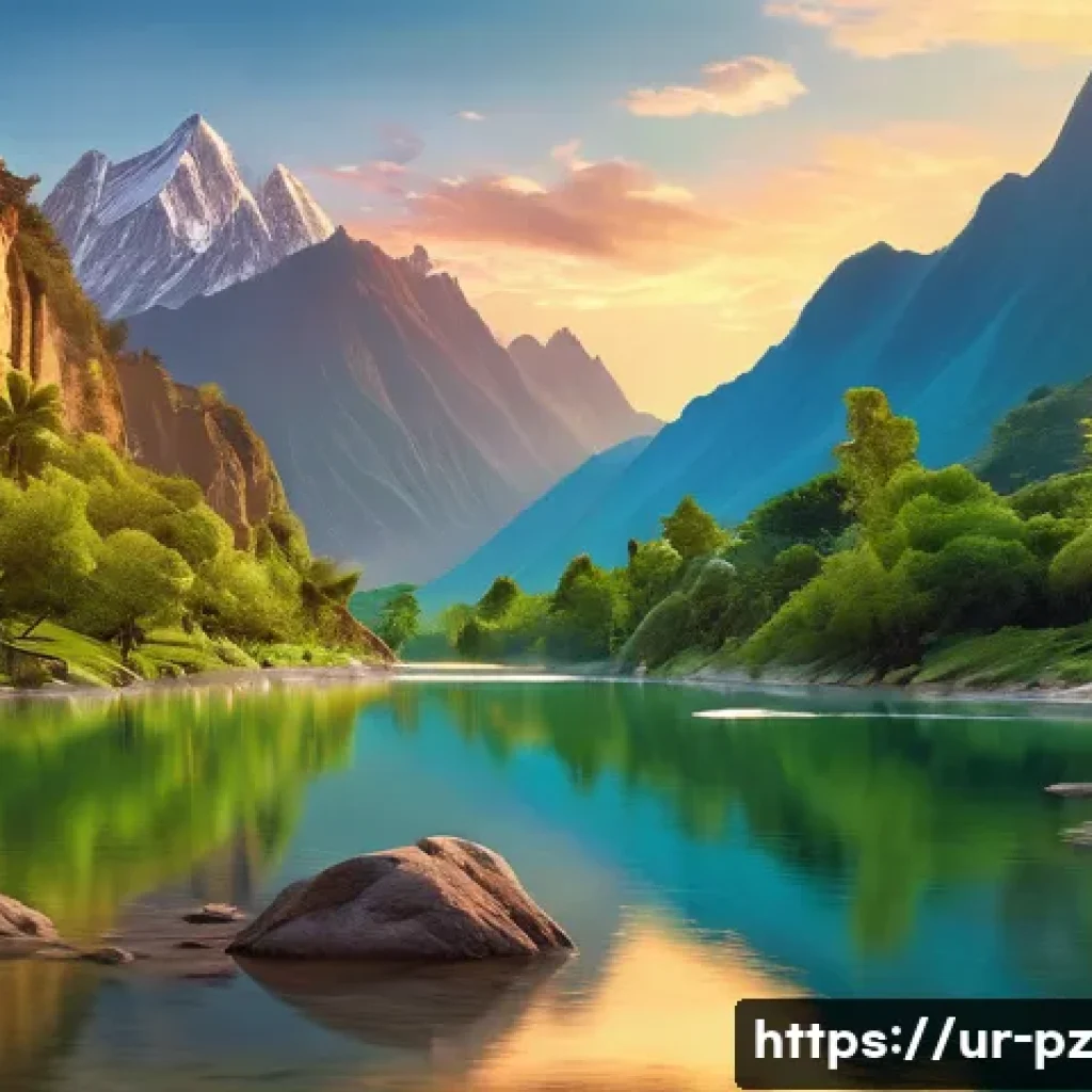 인간과 자연의 관계를 탐구하는 미술 - A serene mountain landscape at dawn with soft golden sunlight illuminating rugged peaks and lush gre...