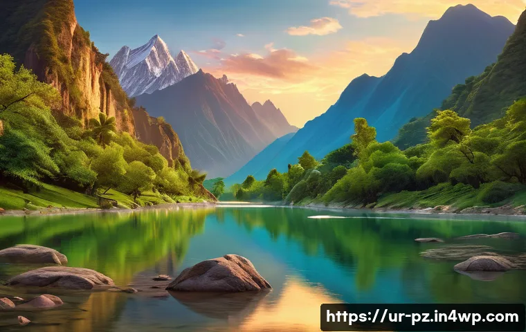 인간과 자연의 관계를 탐구하는 미술 - A serene mountain landscape at dawn with soft golden sunlight illuminating rugged peaks and lush gre...