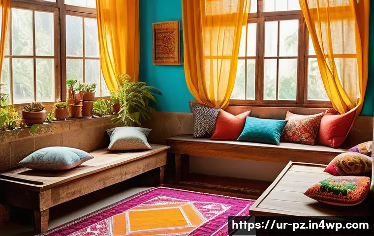 재활용 아트 프로젝트 아이디어 - A vibrant and colorful indoor scene featuring a variety of recycled art projects crafted from old ma...
