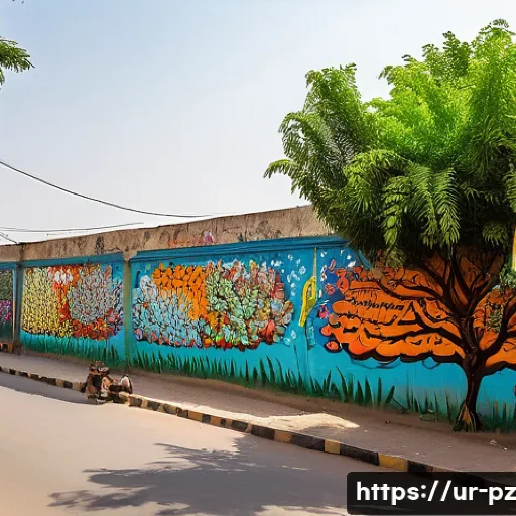 환경 보호를 위한 혁신적 미술 아이디어 - A vibrant outdoor street art scene in Karachi featuring large-scale environmentally themed graffiti ...