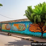 Home 22 환경 보호를 위한 혁신적 미술 아이디어 - A vibrant outdoor street art scene in Karachi featuring large-scale environmentally themed graffiti ...