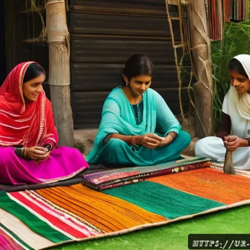 Home 31 전통 공예와 생태 미술의 결합 - A vibrant traditional craft workshop scene set in a rustic Pakistani village, featuring artisans ski...