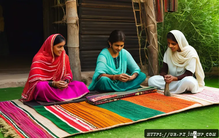 전통 공예와 생태 미술의 결합 - A vibrant traditional craft workshop scene set in a rustic Pakistani village, featuring artisans ski...