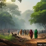 Home 18 미술과 지구 환경의 연관성 - A detailed painting showing a lush forest scene being gradually overtaken by pollution and deforesta...