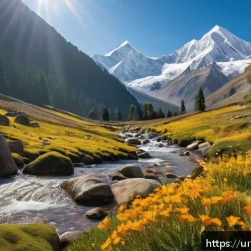 Home 17 여행과 생태 미술의 만남 - A serene mountain valley scene at golden hour with soft sunlight filtering through tall pine trees, ...