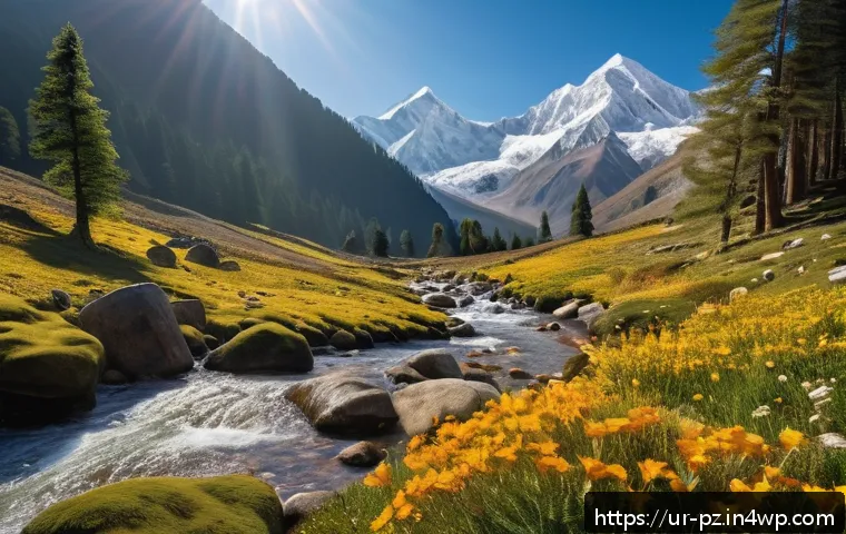여행과 생태 미술의 만남 - A serene mountain valley scene at golden hour with soft sunlight filtering through tall pine trees, ...