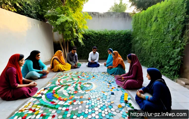 생태 미술 프로젝트를 통한 지역 커뮤니티 활성화 - Photorealistic community eco-art workshop in a leafy Pakistani neighborhood courtyard, Urdu-speaking...